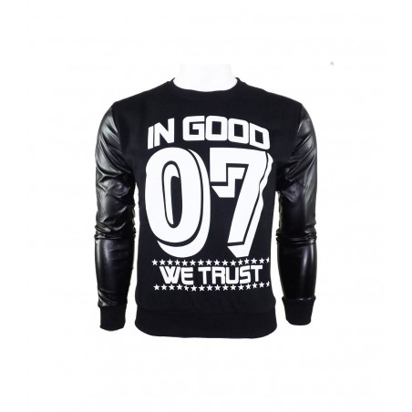 SWEAT CREWNECK " IN GOOD WE TRUST" Manches Cuirs NOIR - VIP CLOTHING